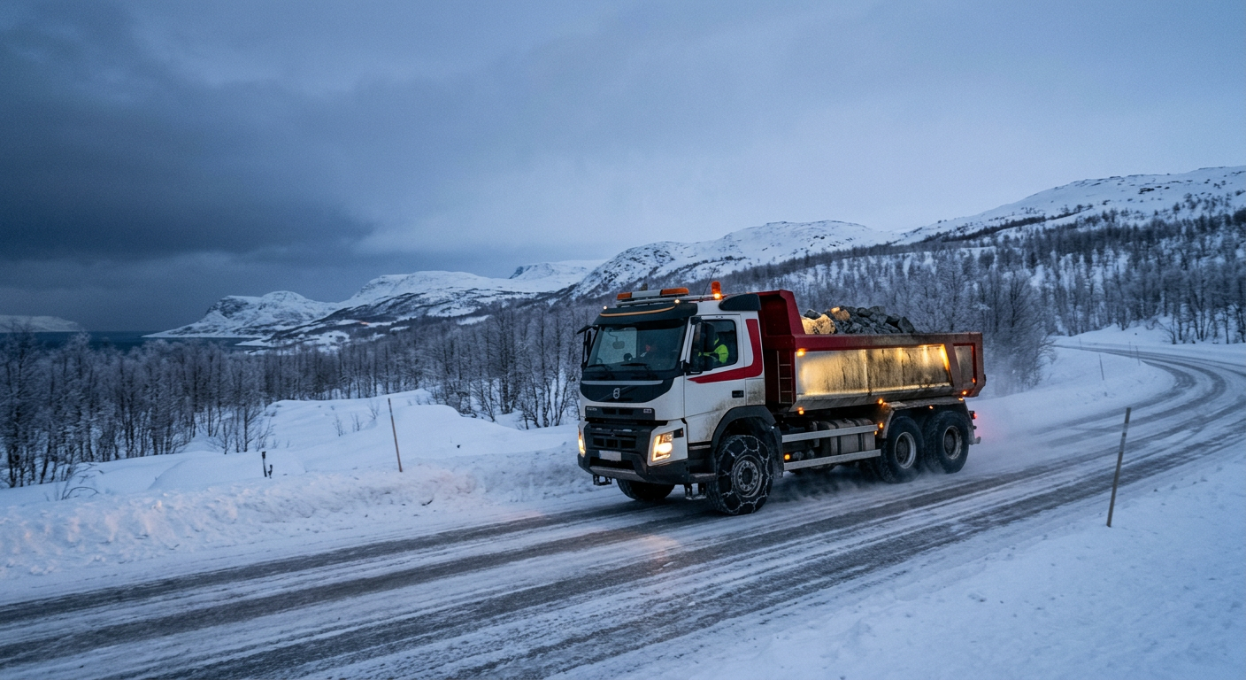 Tippbil fra Alta Lastebilsentral på snødekt vei i Finnmark